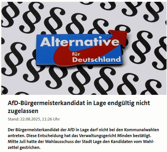 Der Fall in Ludwigshafen ist zwar der bekannteste, aber nicht der einzige, in dem sich die anderen Parteien verschworen haben, um den örtlichen AfD-Kandidaten von der Wahl auszuschließen. Auch über den Fall im ostwestfälischen #Lage habe ich schon berichtet. Der landete jetzt