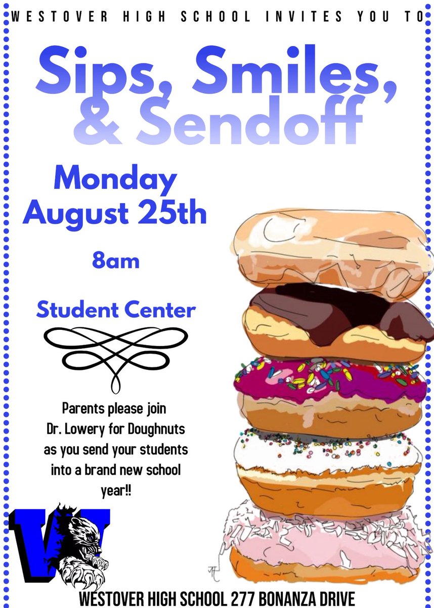 Parents it’s our turn!!! 

Summer is over and our kiddos are headed back. Kick off the year with “Sips, Smiles and a Sendoff”!! 💙🤍💙🤍

Donuts on us!!!