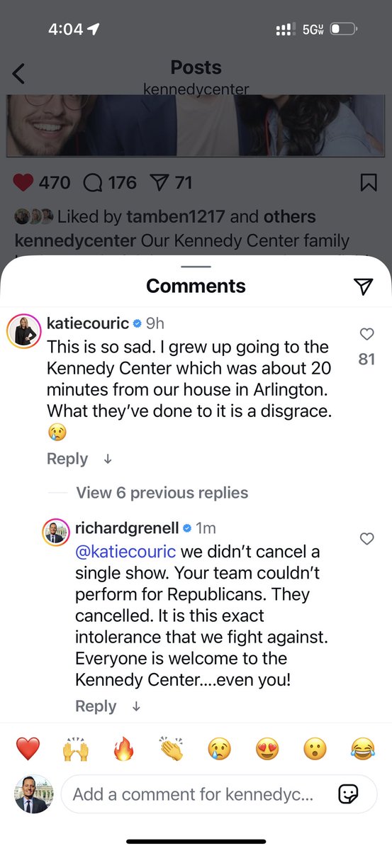 Richard Grenell (@richardgrenell) on Twitter photo The <a href="/kencen/">The Kennedy Center</a> team posted a group picture at the Opera in the Outfield event and <a href="/katiecouric/">Katie Couric</a> attacked us.
So I responded to Katie. The <a href="/kencen/">The Kennedy Center</a> team posted a group picture at the Opera in the Outfield event and <a href="/katiecouric/">Katie Couric</a> attacked us.
So I responded to Katie.