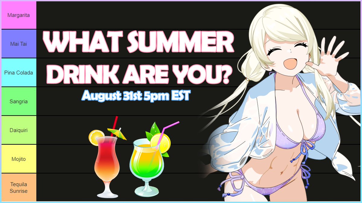 Summer is nearing its end and it's time for one last party☀

I'll be your bartender and give you a refreshing summer drink based on your OC's. 🍹

Post your png's down below!

☀Stream will be Sunday August 31st 5pm EST ☀