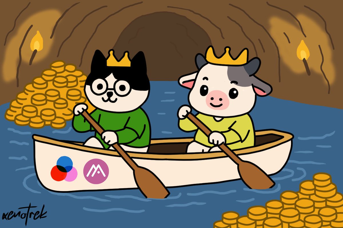 Inside a deep cave, there was a river full of glowing auras. In the boat, the crowned cat and the cow friend paddled along. Their goal was not to collect the aura, but to find the light of friendship hidden at the end of the cave. <a href="/Moca_Network/">Mocaverse</a> <a href="/lamumudotxyz/">Lamumudotxyz</a>
