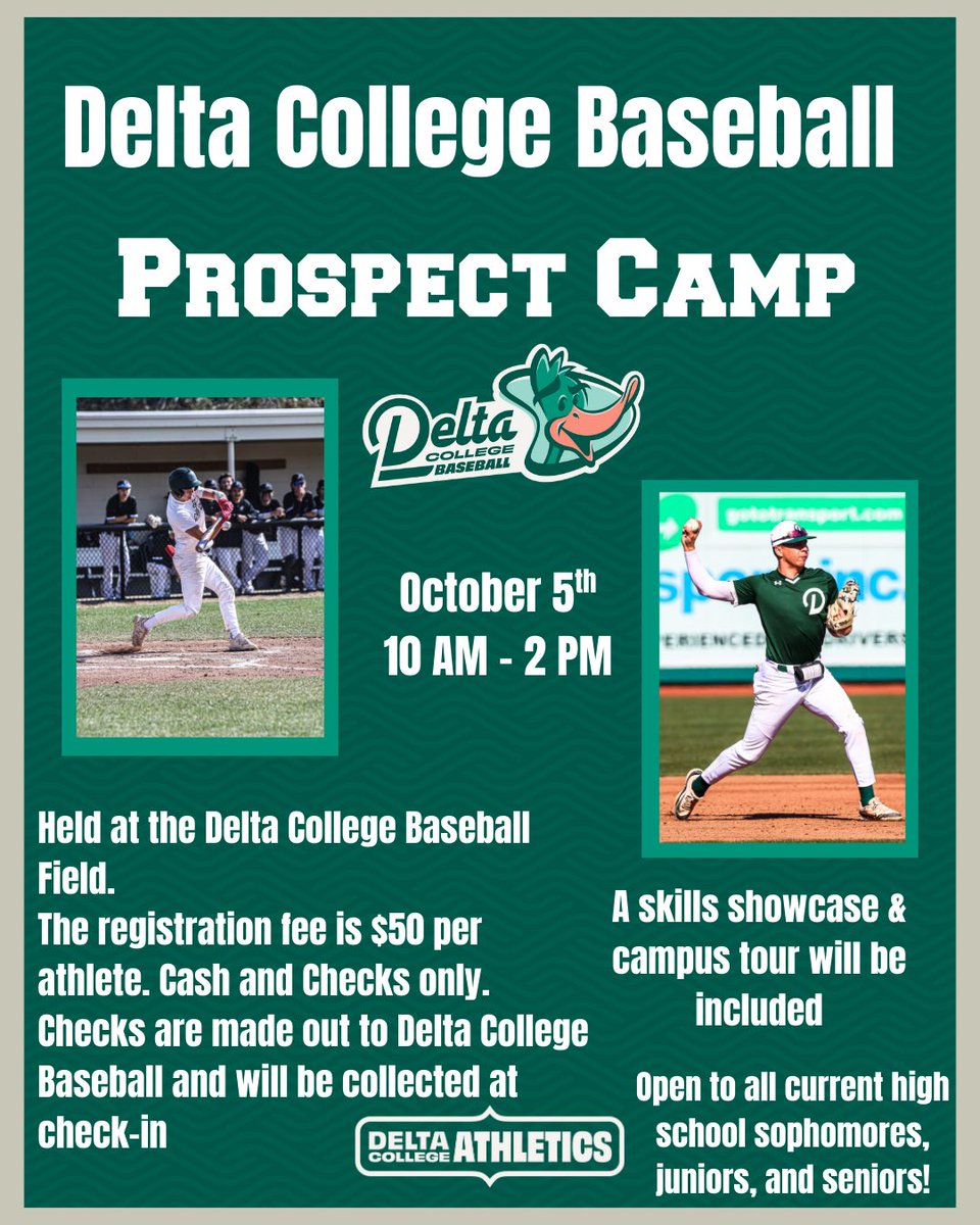 Baseball Prospect Camp Alert🚨⚾️

Register now for our Delta College Baseball Prospect Camp!⚾️

The camp is open to ALL high school sophomores, juniors, and seniors! 

Registration link: forms.office.com/r/bX9GS46sNZ

#DCAthletics #DeltaBaseball 🦆🟢⚪️