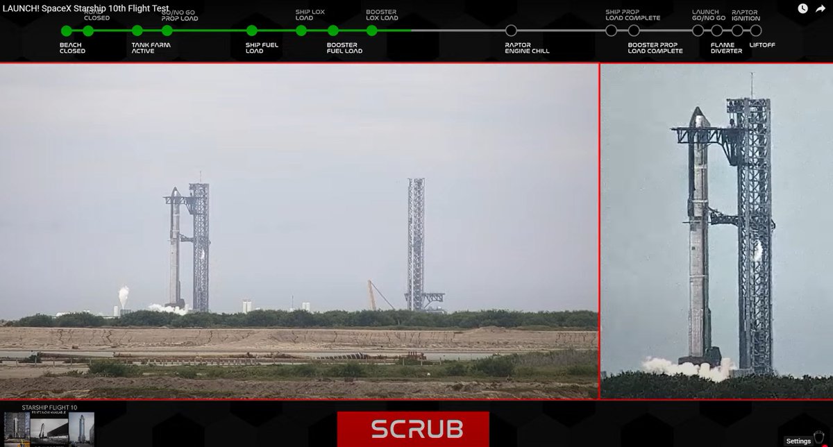 chrisbotics's tweet image. Get ready for an interstellar spectacle as SpaceX's Starship Flight 10 ignites the skies at 00:30 GMT🚀 – keep your fingers crossed for the weather! Right now, the team at Starbase is fueling the massive Super Heavy booster and Starship, with final countdown checks ramping up the…