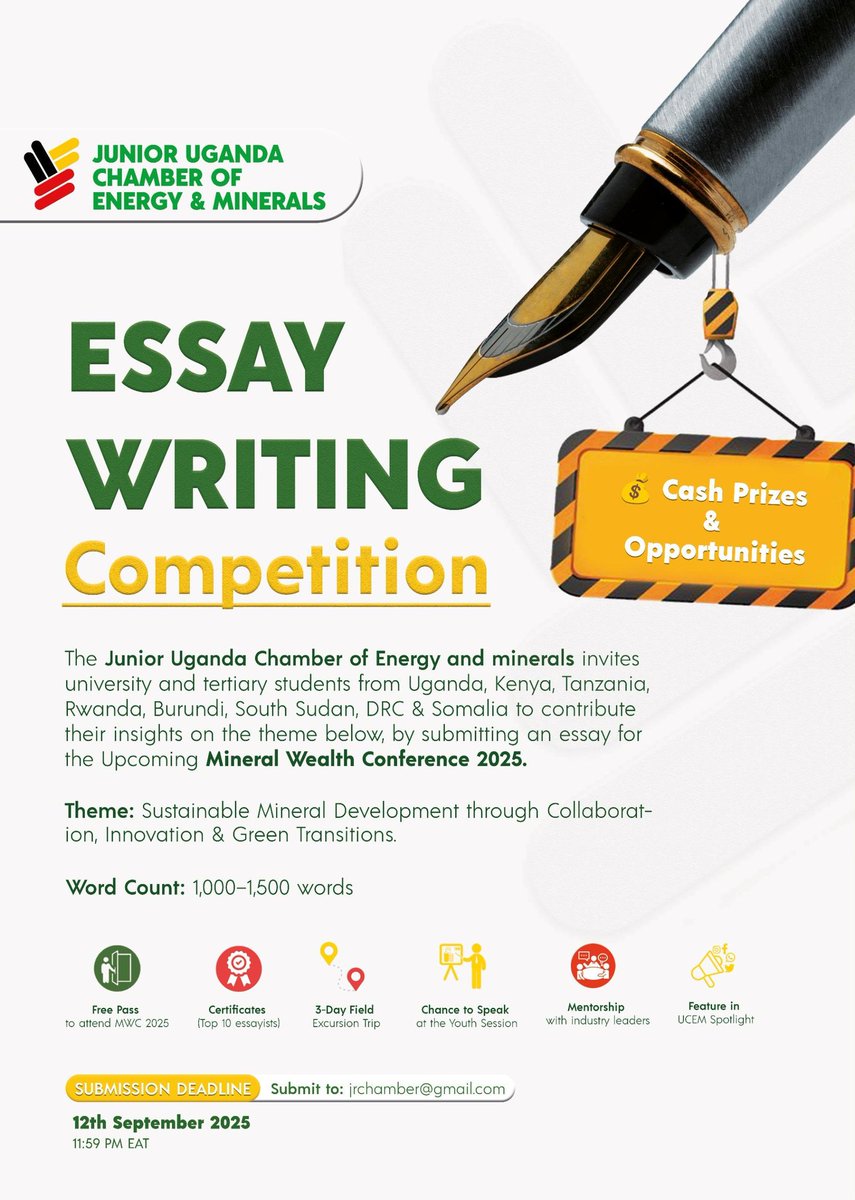 chamber_jr's tweet image. ✍️ Write. Win. Inspire.
The Essay Writing Competition 2025 is here!

Theme: Sustainable Mineral Development through Collaboration, Innovation &amp;amp; Green Transitions 🌍💡

📅 Deadline: 12 Sept 2025
🏆 Prizes + Mentorship + Opportunities

#MWC2025 #EssayCompetition #YouthInMining