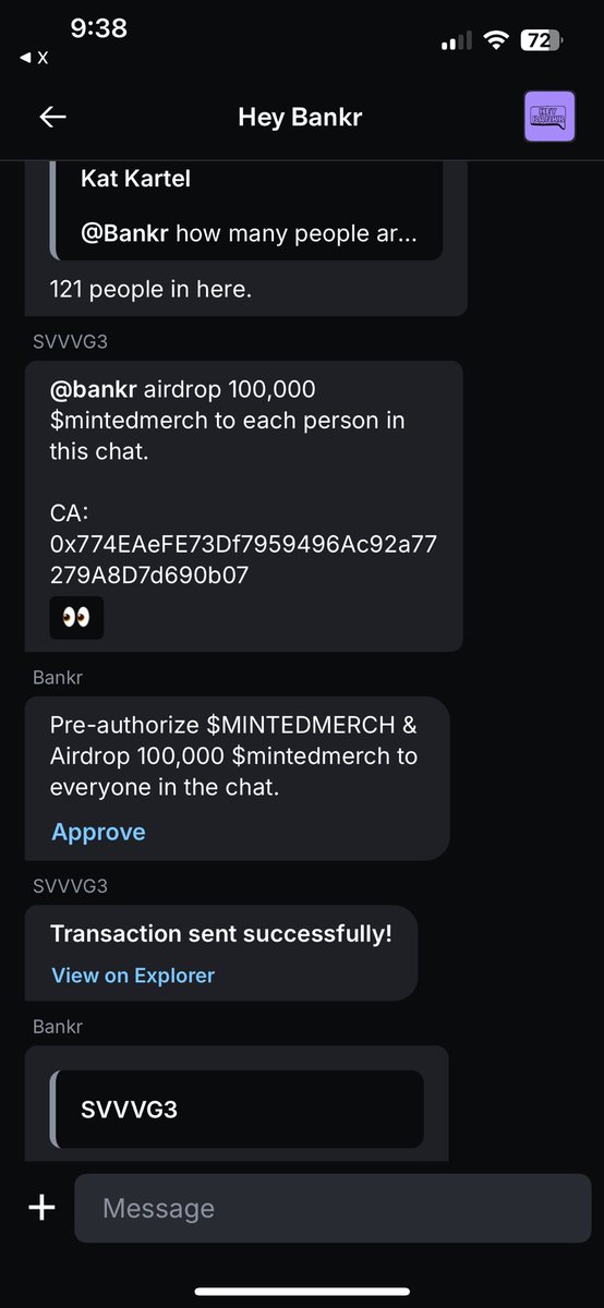 Screenshot of Bankr bot airdropping $mintedmerch tokens in a group chat