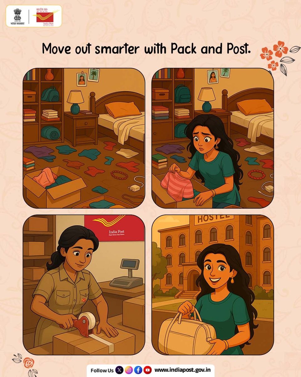 Packing panic? Not anymore! 

India Post is on select campuses with Pack and Post. We will pack your stuff so you can move out stress-free.

#PackAndPost #IndiaPost #CollegeLife