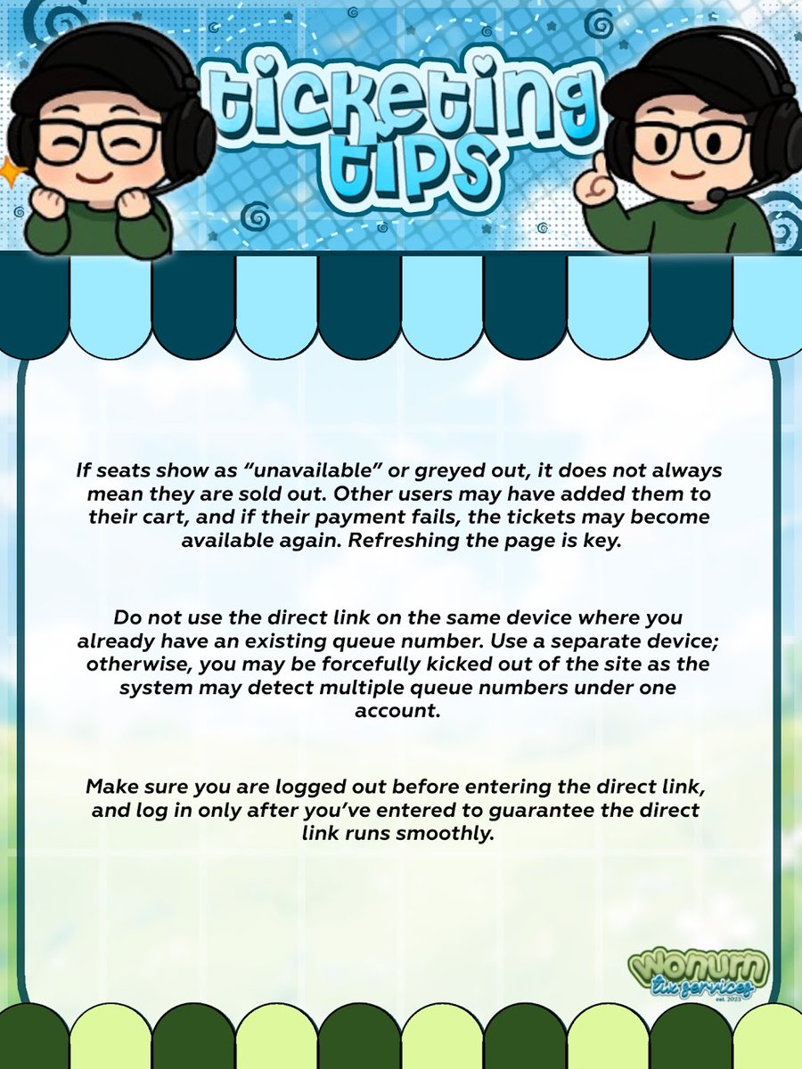 യ   ˚  𝐖𝐎𝐍𝐔𝐑𝐍 𝐓𝐈𝐗 𝐒𝐄𝐑𝐕𝐈𝐂𝐄𝐒

∿ terms and conditions
∿ frequently asked questions
∿ ticketing tips