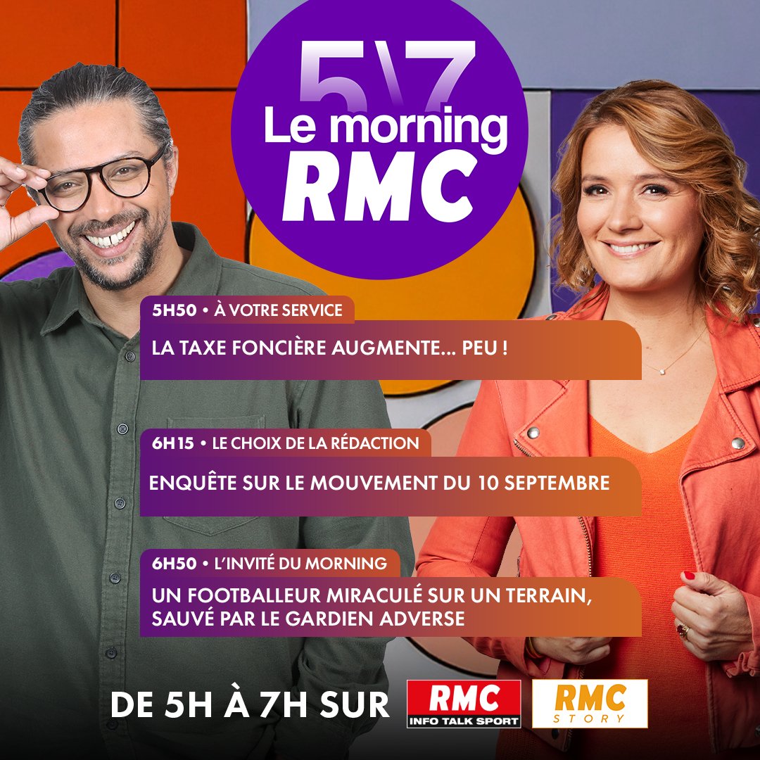 ⏰ Bonjour et bon réveil sur RMC !  C'est l'heure de la rentrée et du premier "5/7 Le Morning RMC" avec
<a href="/PascaledeLaTour/">Pascale de La Tour</a>, <a href="/MattBelliard/">Matthieu Belliard</a> et toute leur équipe.  Voici le programme de cette première de la saison :  
► 5h50 : <a href="/grataloupUNPI/">GRATALOUP Sylvain</a>, président de l’Union nationale des