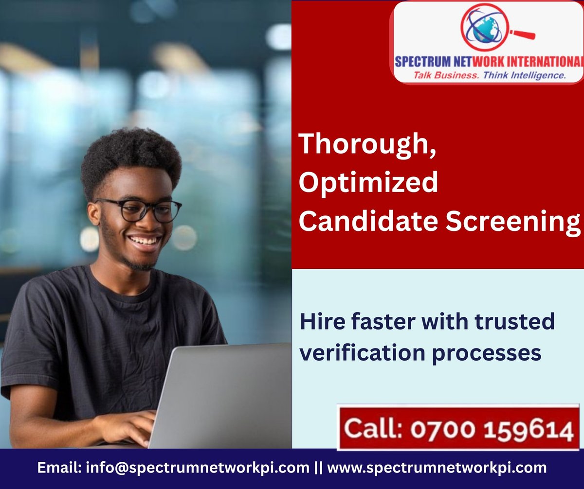 SpectrumNetwor4's tweet image. Finding the right talent doesn’t have to be stressful. 
At Spectrum Network International, we provide thorough, optimized candidate screening so you can hire faster and smarter with trusted verification processes.   #CandidateScreening #SmartHiring #TrustedVerification