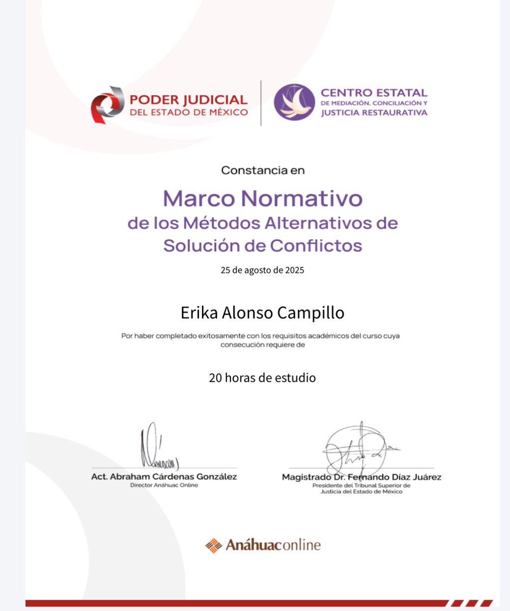 👉 Orgullosa de seguirme preparando en los Métodos Alternativos de Solución de Conflictos ahora en el estado de México. #lamediación es el camino hacia una justicia más humana y cercana.