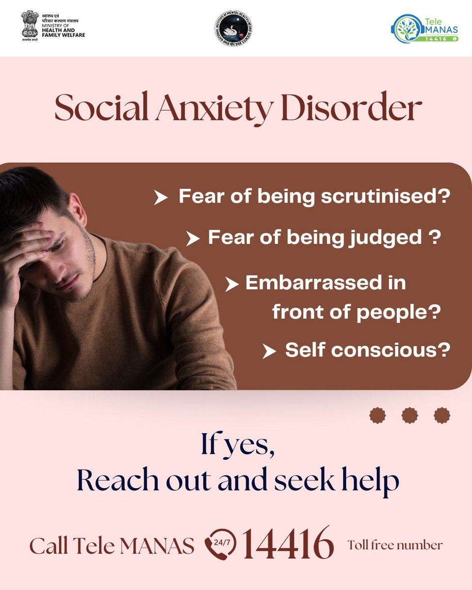 Do you often feel your heart racing, palms sweating, or your mind going blank when facing social situations? This could be more than just shyness — it may be Social Anxiety Disorder.
 #TeleMANAS #SocialAnxiety #MentalHealthAwareness #YouAreNotAlone #HealingTogether #EndTheStigma