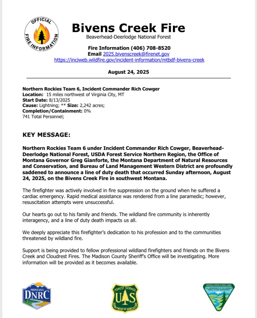 JoshMNBCMT's tweet image. RELEASE: Line of duty death reported today from a firefighter on the Bivens Creek fire. Suffered a cardiac emergency while they were actively involved in fire suppression #mtnews #mtfire