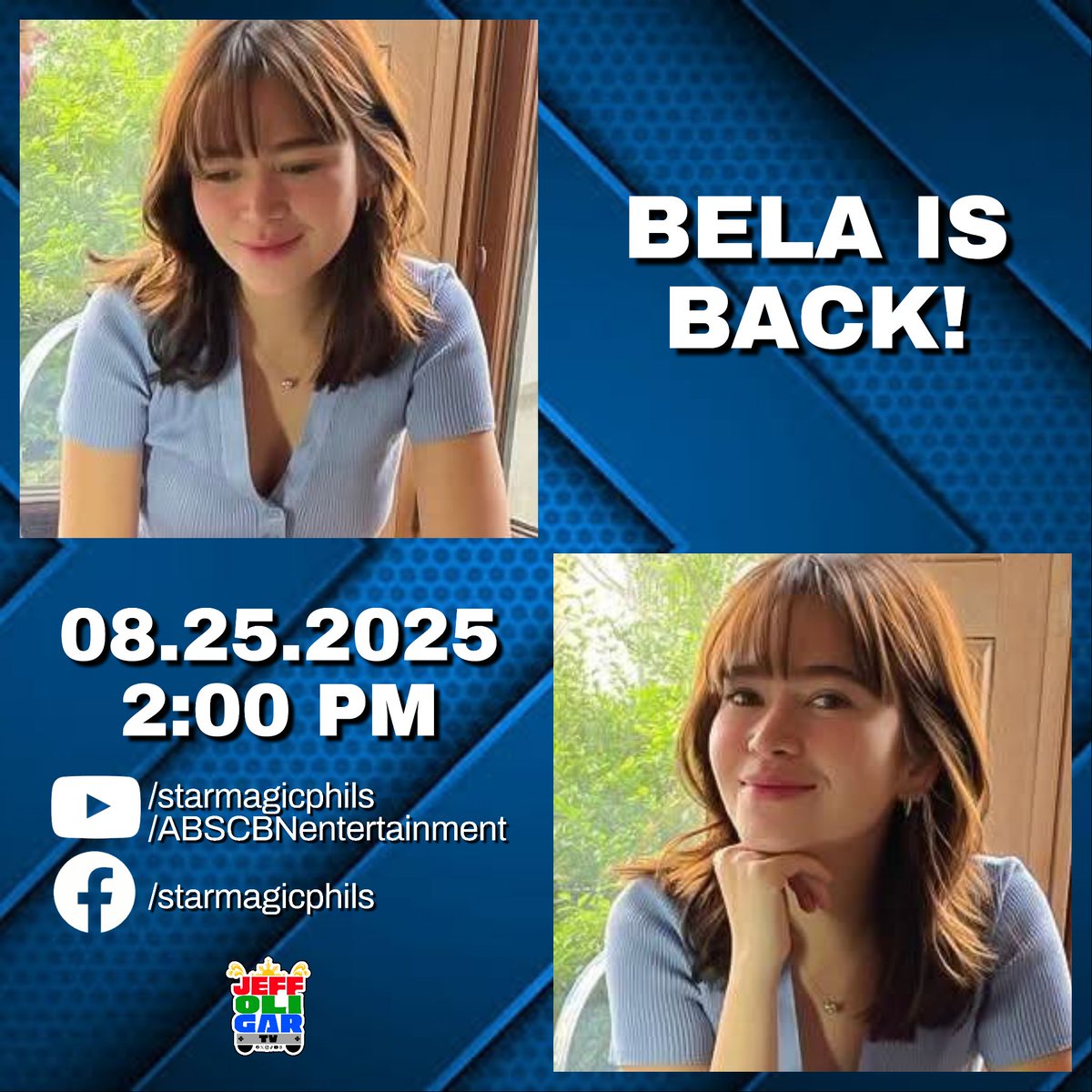 JeffOliGarTV (@jeffogarcia47) on Twitter photo She's finally BACK where she really belongs, as a certified KapamILYa! ๐ซโค๏ธ๐๐
Witness the contract signing and the grand comeback of #BelaPadilla today (Aug25 โข 2pm) on <a href="/starmagicphils/">Star Magic</a> FB and YT & <a href="/ABSCBN/">ABS-CBN Entertainment</a> YT!
#BelaIsBack She's finally BACK where she really belongs, as a certified KapamILYa! ๐ซโค๏ธ๐๐
Witness the contract signing and the grand comeback of #BelaPadilla today (Aug25 โข 2pm) on <a href="/starmagicphils/">Star Magic</a> FB and YT & <a href="/ABSCBN/">ABS-CBN Entertainment</a> YT!
#BelaIsBack