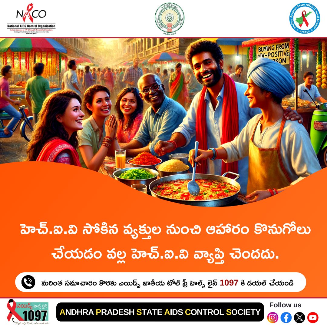 హెచ్.ఐ.వి సోకిన వ్యక్తుల నుంచి ఆహారం కొనుగోలు చేయడం వల్ల హెచ్.ఐ.వి వ్యాప్తి చెందదు. మరింత సమాచారం కొరకు ఎయిడ్స్ జాతీయ టోల్ ఫ్రీ హెల్ప్ లైన్ 1097 కి డయల్ చేయండి #IndiaFightsHIVandSTI
#StopTheStigma
#KnowTheFacts
#EndHIVAIDS
#StayInformedStayProtected
#HIVAIDSAwareness
#MythVsFact