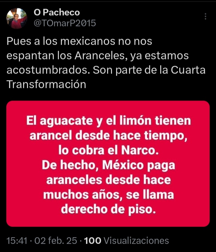 pancho rancho (@panchor87819952) on Twitter photo ¿Porque nada mas se quejan de los aranceles de <a href="/POTUS/">President Donald J. Trump</a> ?
<a href="/Claudiashein/">Claudia Sheinbaum Pardo</a>
<a href="/cceoficialmx/">Consejo Coordinador Empresarial CCE</a>
<a href="/Coparmex/">Coparmex Nacional</a>
<a href="/CONCAMIN/">CONCAMIN</a> ¿Porque nada mas se quejan de los aranceles de <a href="/POTUS/">President Donald J. Trump</a> ?
<a href="/Claudiashein/">Claudia Sheinbaum Pardo</a>
<a href="/cceoficialmx/">Consejo Coordinador Empresarial CCE</a>
<a href="/Coparmex/">Coparmex Nacional</a>
<a href="/CONCAMIN/">CONCAMIN</a>
