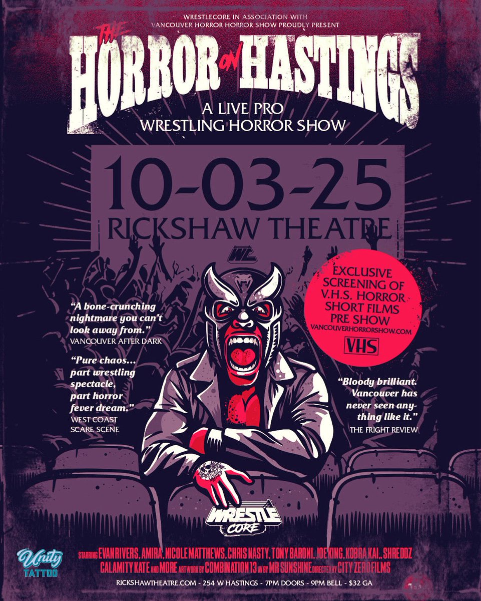 WrestleCore (@wrestlecorerld) on Twitter photo The most terrifying live pro wrestling show in Canada returns to the <a href="/RickshawTheatre/">Rickshaw Theatre</a> , Horror on Hastings Oct 3 💀📼💀f/ <a href="/VancouverHorror/">The Vancouver Horror Show Film Festival (The VHS)</a> and starring <a href="/Evan_Rivers_/">Evan Rivers ⭐️ エバン • リバース</a> and <a href="/chrisnastyy_/">Lucha Scumbag</a> along with <a href="/nmatthewsninja/">Nicole Matthews</a> <a href="/TonyBaroni13/">Uncle Daddy Tony Baroni</a> <a href="/ZayePerez/">Zaye “Playboy” Perez</a> and more! The most terrifying live pro wrestling show in Canada returns to the <a href="/RickshawTheatre/">Rickshaw Theatre</a> , Horror on Hastings Oct 3 💀📼💀f/ <a href="/VancouverHorror/">The Vancouver Horror Show Film Festival (The VHS)</a> and starring <a href="/Evan_Rivers_/">Evan Rivers ⭐️ エバン • リバース</a> and <a href="/chrisnastyy_/">Lucha Scumbag</a> along with <a href="/nmatthewsninja/">Nicole Matthews</a> <a href="/TonyBaroni13/">Uncle Daddy Tony Baroni</a> <a href="/ZayePerez/">Zaye “Playboy” Perez</a> and more!