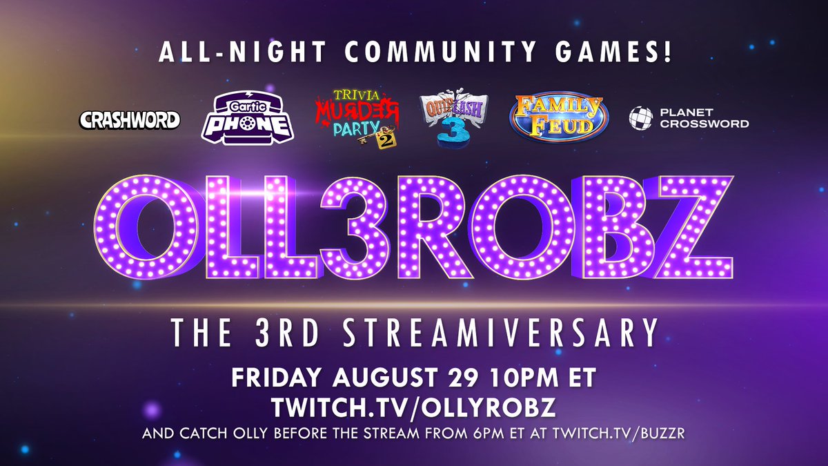 Coming up this Friday night! I'll be live on <a href="/BUZZRtv/">BUZZR</a> from 6PM ET and then back over on my channel from 10PM ET with back-to-back community games for my 3rd Streamiversary!