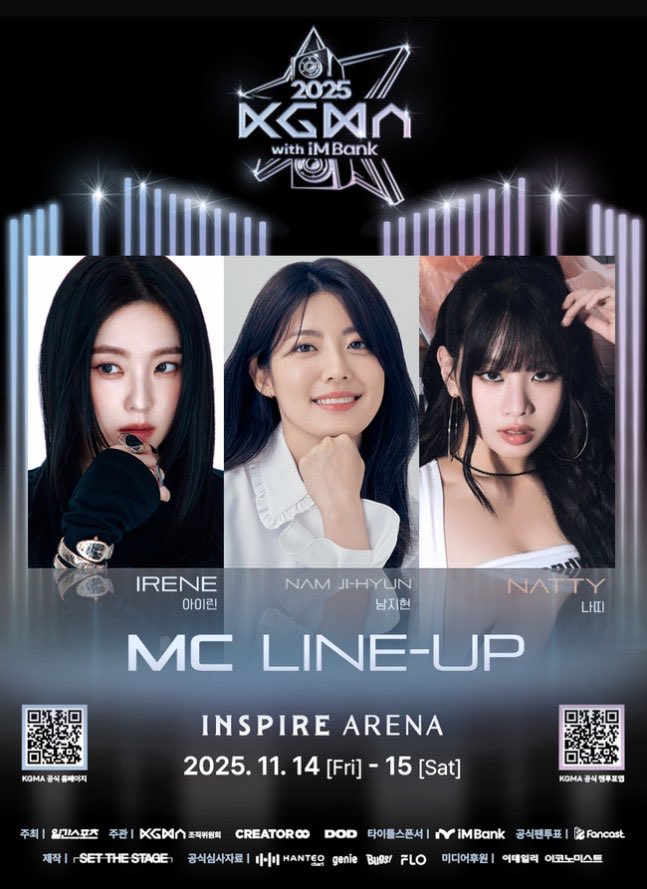 #RedVelvet #Irene, #NamJiHyun, #KissOfLife #Natty are selected as the MC for the #2025KGMA (Korea Grand Music Awards) which will be held on 14-15 Nov 2025 at Inspire Arena.

m.entertain.naver.com/now/article/60…
#KoreanUpdates VF