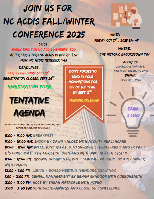 NAcdis's tweet photo. NC ACDIS Fall/Winter Conference 2025 registration.

NC ACDIS members Early Bird discounted price of $20 until Sept 12th! 
 
Register https://t.co/RJMT8uZ4Gc

Nominate CDI of the Year
https://t.co/OemMU2ujiQ https://t.co/u0bUrKh9nt