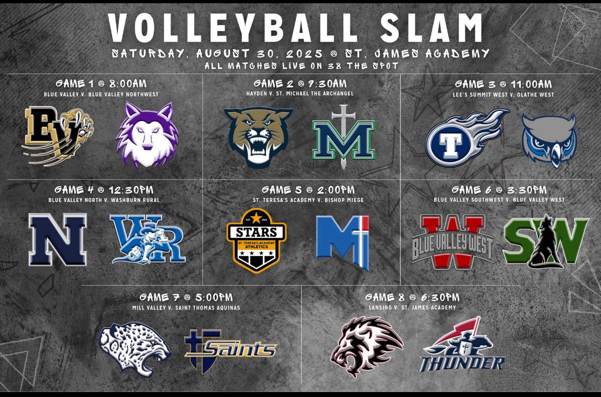 THIS SATURDAY IS GAMEDAY! 💙🏐💪

Summer Slam! 🤩

🕤 9:30AM

📍St. James Academy 

🆚 St. Michael the Archangel