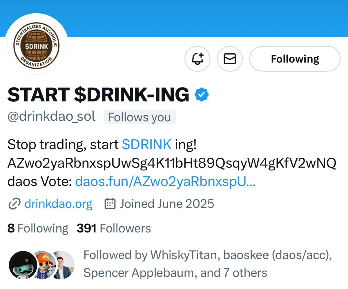Screenshot of DrinkDAO X profile shared by Mike Dudas