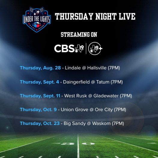 kytxcbs19's tweet photo. This year, CBS19 will be livestreaming some of the best #bEASTTexas #TXHSFB games on Thursday nights! Download the CBS19+ app for free on your smart TV to make sure you're ready for kickoff: https://t.co/lptMfRxf8b https://t.co/yMD9sOiKGu