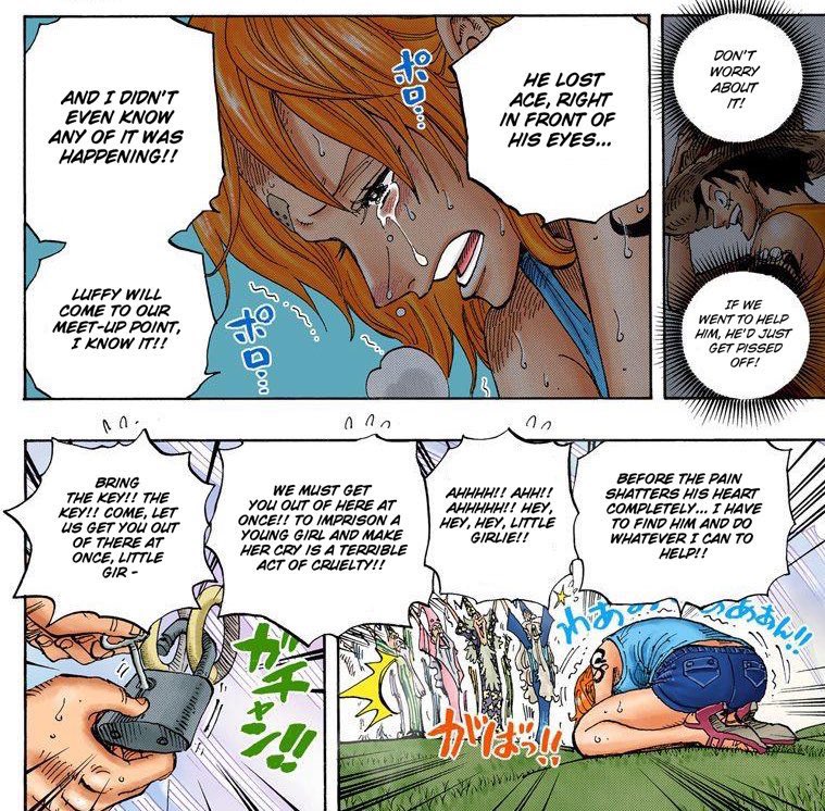 I love the empathy that Nami shows towards Luffy here. “Before the pain shatters his heart completely” is such a visceral phrase that I can’t help but feel like it reflects her own heartbreak in losing Bellemere