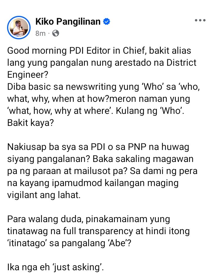 DeusXMachina14's tweet photo. Senator Kiko Pangilinan calls out the Philippine Daily Inquirer for just  using the alias of the DPWH  Batangas District Engineer. 😬 https://t.co/WGlsp8Wg0g