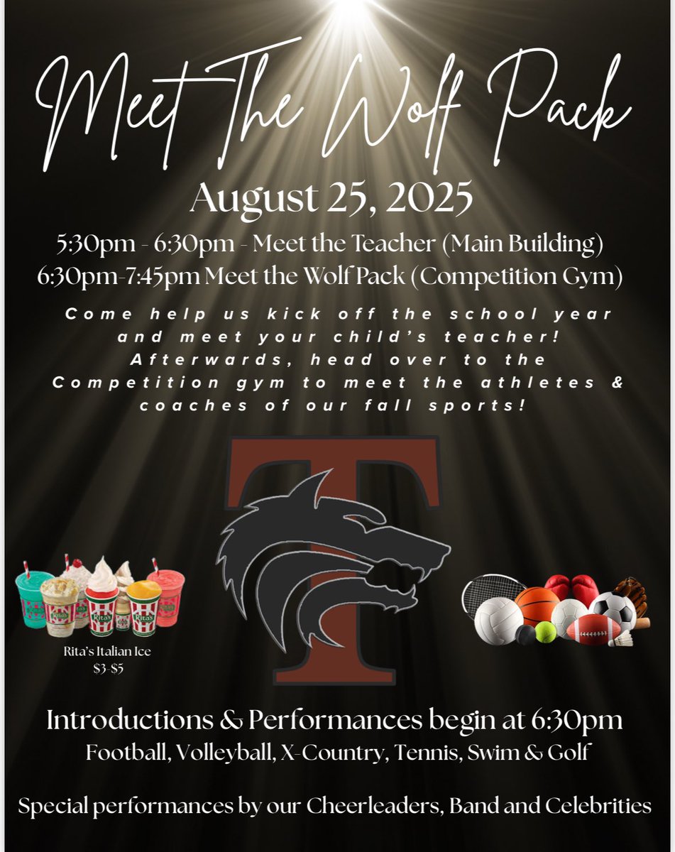 Come on out to Meet the Teacher Night! Then catch some fun meeting Fall sport Athletes! Let’s go Wolves!