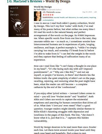 jgmacleodauthor's tweet photo. Check out my #review of @AikinNorb's fabulous poetry collection, World By Design:👇😍🥳
https://t.co/B42kcSC3It

#MondayMotivation #poetry #poetrycommunity #PoetryIsLife #readers #readingcommunity #bookreviews #WritingCommunity #readingcommunit https://t.co/y1swXK7yzI
