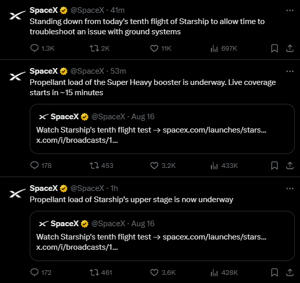 opick_jms's tweet image. 据美国有线电视新闻网(CNN)报道，当地时间24日，美国太空探索技术公司(SpaceX)发布消息，取消了原定于当天进行的“星舰”第十次试飞计划，原因是地面系统（指发射台及其周边支持起飞的基础设施）出现问题。
人类探索宇宙的路程是曲折的，但是人类探索宇宙的脚步是不会停止的。