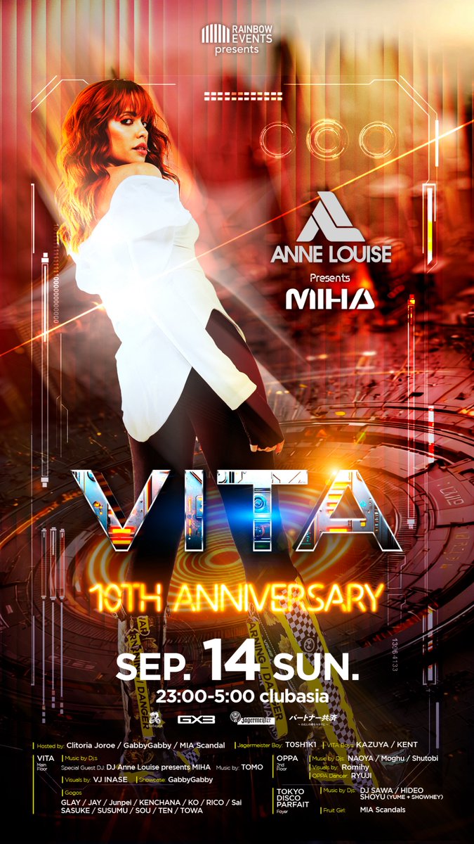 VitaTokyo's tweet photo. 何と10年経ちました！💥

10周年記念パーティーは次の10年への出発地点、未来へ向けて旅立ちます。

Into The Futureへ、皆様のご搭乗お待ちしています！

メインフロアでは、ゲストDJ Anne LouiseがMIHA名義でTech Houseセットを披露、Gogoは全12名出演！ショーケースはGabbyGabby💃

2階ではK-POPパーティーOPPA、1階ホワイエでは Nu DiscoパーティーTOKYO DISCO PARFAIT同時開催です！

🉐前売価格は、9/12(金)23:59まで💨
👉 https://t.co/ZqQ6DmkMoS