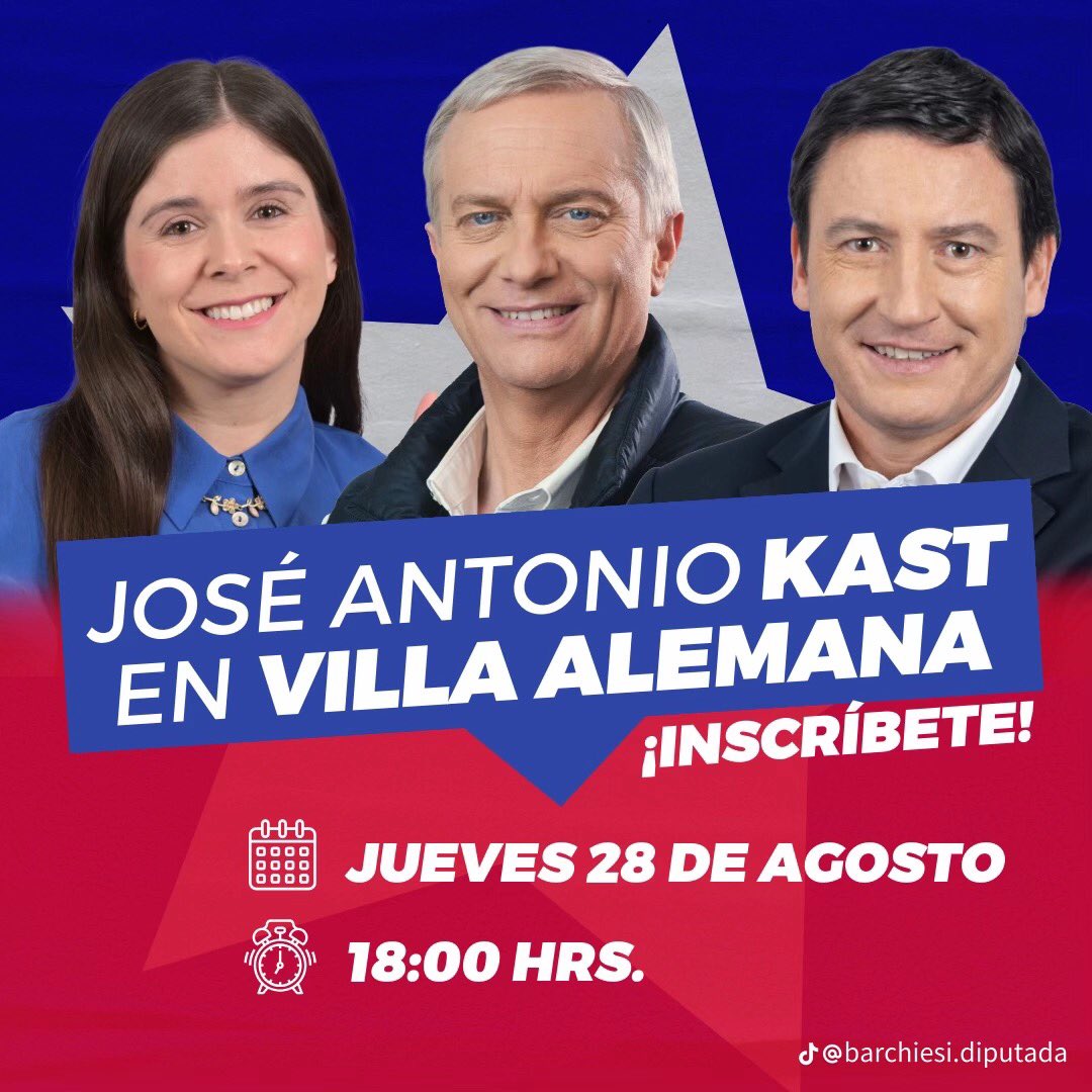 🚨 ATENCIÓN V REGIÓN (mi preferida) 

Este jueves 28AGO18:00 estará Kast en Villa Alemana, junto a la Diputada Chiara Barchiesi y el Presidente del PR Arturo Squella ¡INSCRÍBETE!

#KastPresidenteDeChile 
#FuerzaDelCambio 🇨🇱