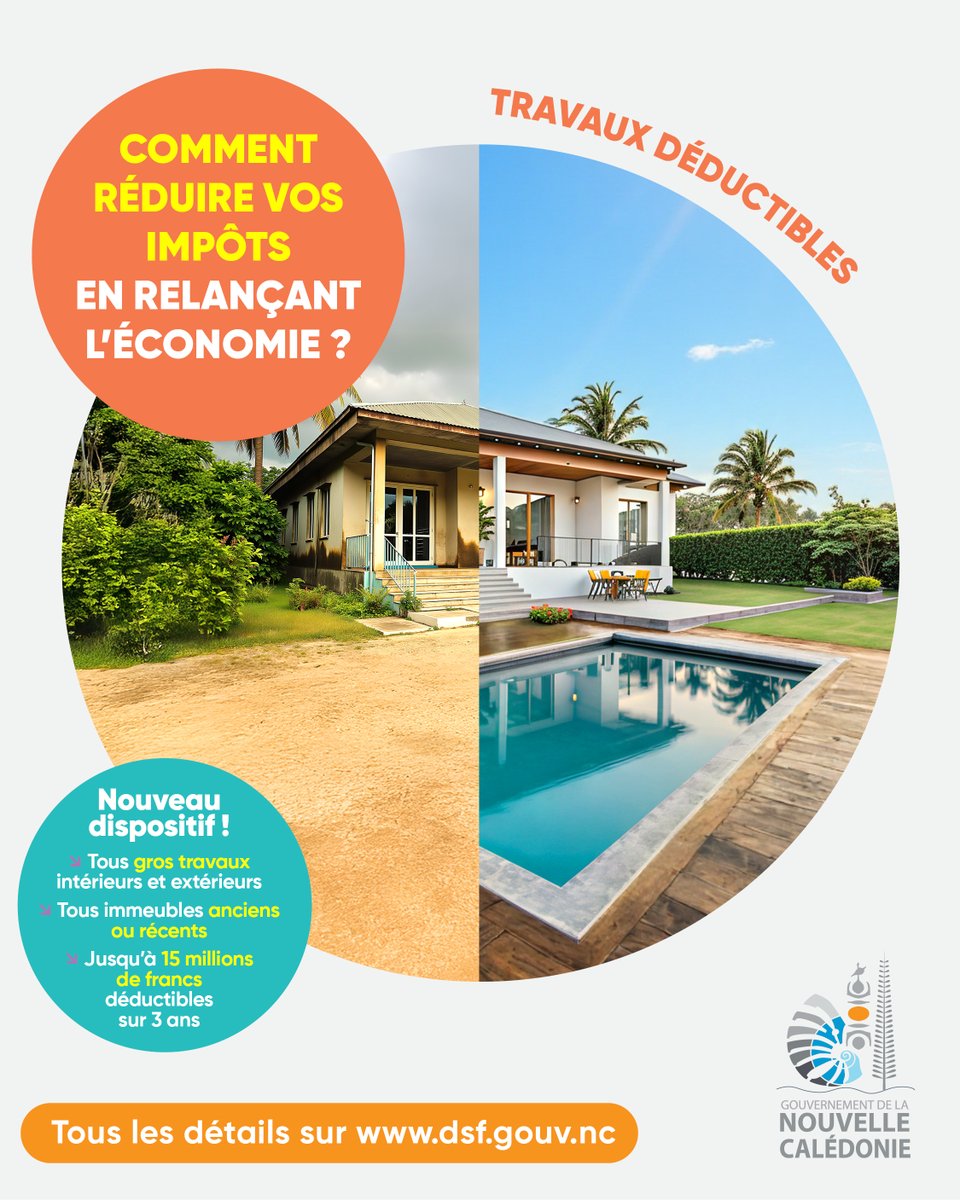 𝗖𝗢𝗠𝗠𝗘𝗡𝗧 𝗥𝗘́𝗗𝗨𝗜𝗥𝗘 𝗩𝗢𝗦 𝗜𝗠𝗣𝗢̂𝗧𝗦 𝗘𝗡 𝗥𝗘𝗟𝗔𝗡𝗖̧𝗔𝗡𝗧 𝗟’𝗘́𝗖𝗢𝗡𝗢𝗠𝗜𝗘 ?... EN FAISANT APPEL À DES PROFESSIONNELS POUR AMÉLIORER VOTRE HABITATION !
Plus d’informations sur dsf.gouv.nc