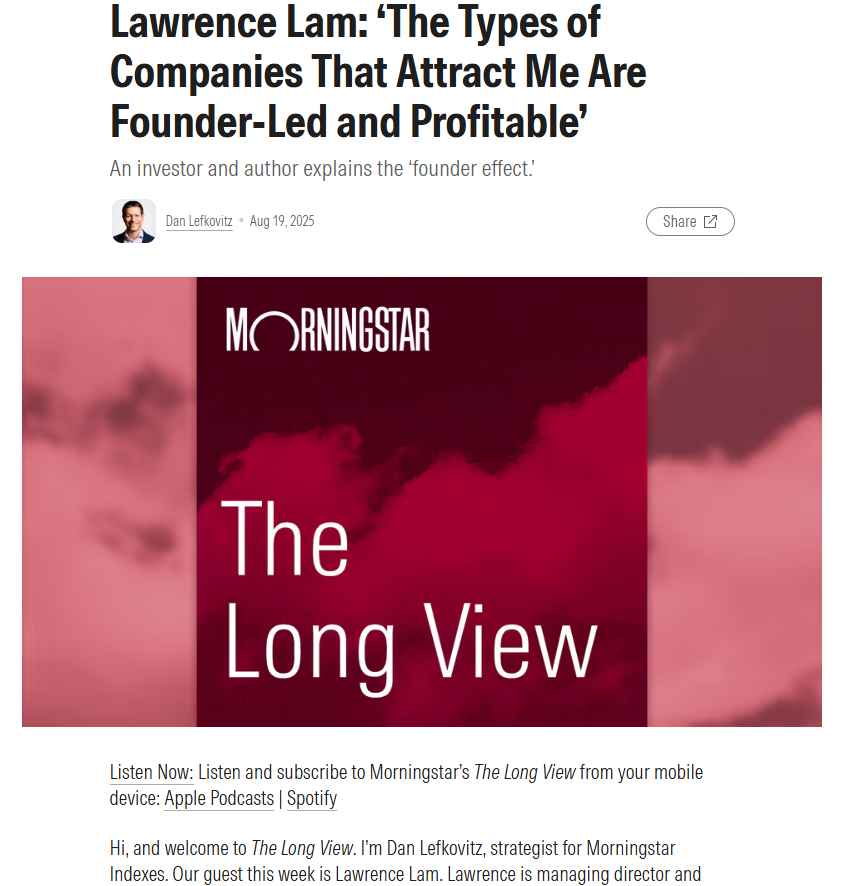 lawrencelam_org's tweet photo. Founder ownership mindset shapes decisions, teams, capital allocation, translating into alpha.

I joined Morningstar US on The Long View to discuss traits investors can spot.

Spotify
https://t.co/Gjtei840iM

Apple
https://t.co/2vyHY7RpAw https://t.co/KXu5wUTJ6w