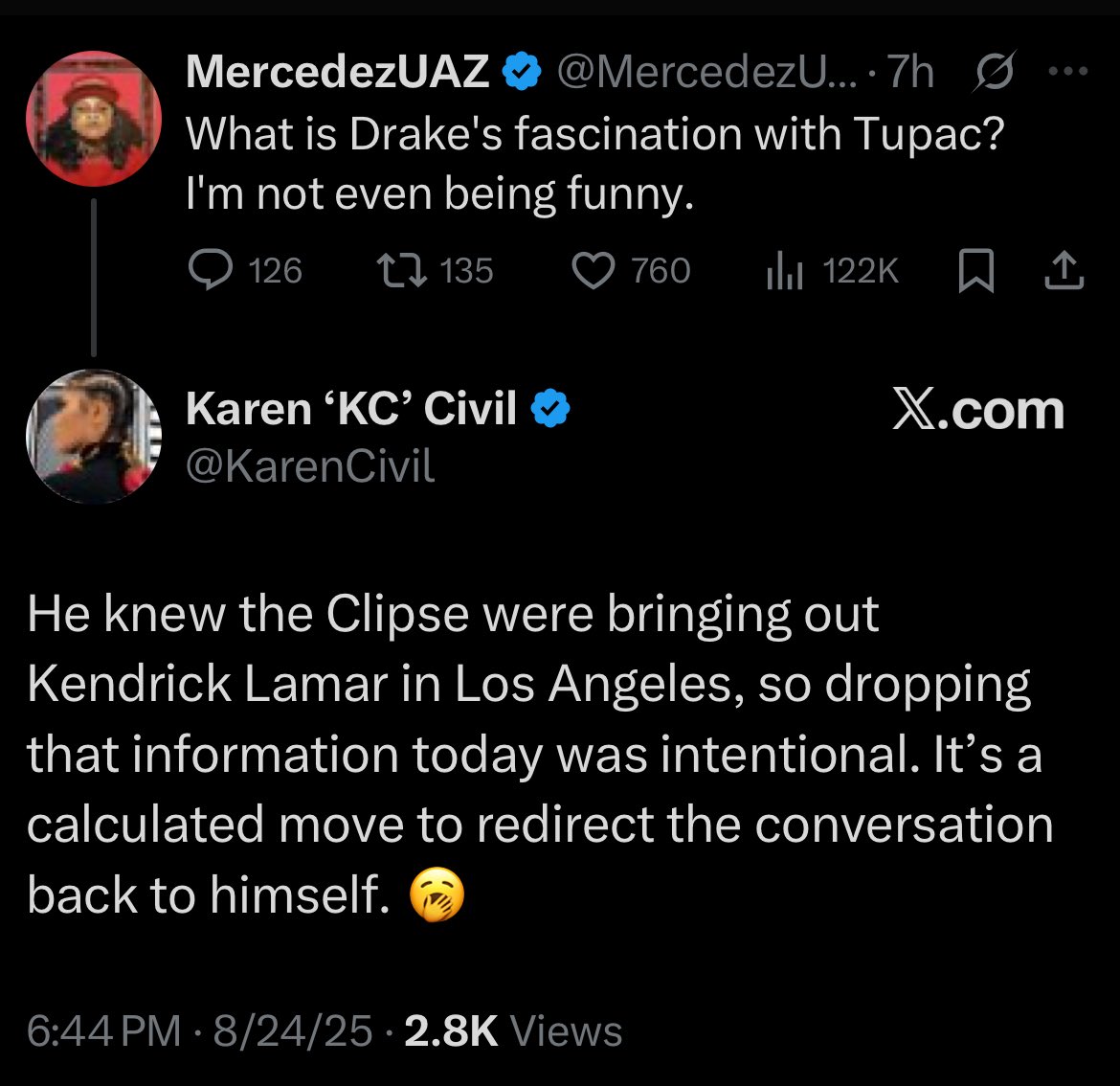 Kelly Wolfe 🪴 (@kellykwolfe) on Twitter photo Drake “still a whole bitch”.
Spiraling … every antic is feelin distasteful.
Karen Civil (<a href="/KarenCivil/">Karen ‘KC’ Civil</a>) works with Clipse … so she’s aware of behind the scenes goings on. Drake “still a whole bitch”.
Spiraling … every antic is feelin distasteful.
Karen Civil (<a href="/KarenCivil/">Karen ‘KC’ Civil</a>) works with Clipse … so she’s aware of behind the scenes goings on.