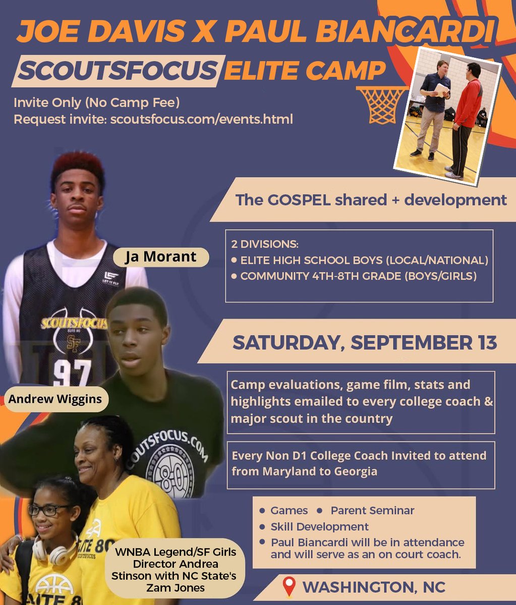 🚨 ANNOUNCEMENT 🚨
The ScoutsFocus Elite Camp is BACK!

📅 Saturday, Sept 13
📍 Washington, NC
💰 No Camp Fee 
🎯 Invite-only for top (local/national) HS boys players &amp; open to local boys/girls of all abilities (4th–8th grade)

Led by <a href="/JoeDavisIV/">Joe Davis</a> (ScoutsFocus Founder) &amp;