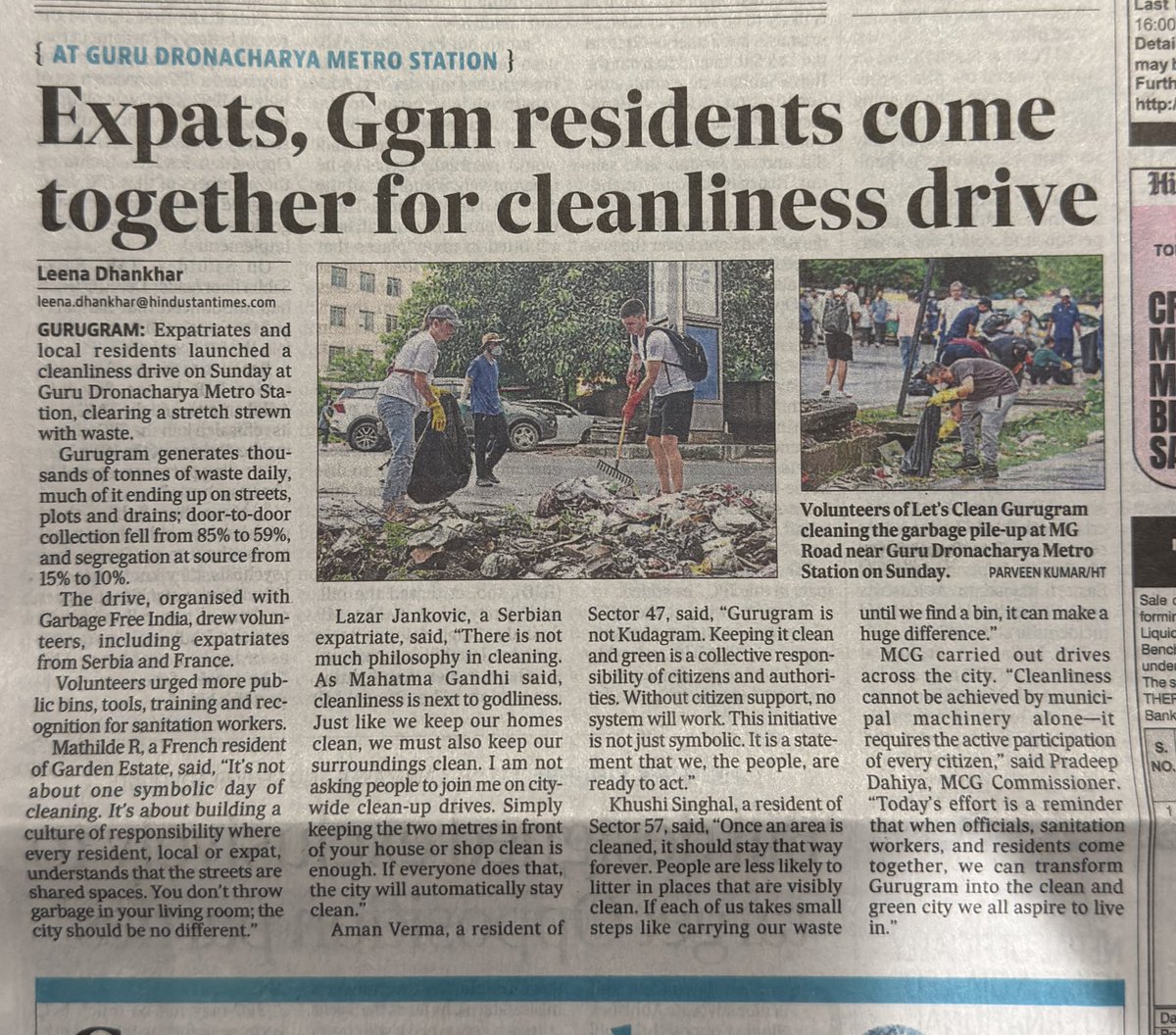 When expats pick up gloves to clean Gurugram’s streets, it’s a wake-up call 🚨. From #France to #Serbia to Sector 47, expatriates &amp; local residents united near Guru Dronacharya Metro, proving cleanliness is every citizen’s duty—not just MCG’s. This #city is ours to keep #clean,