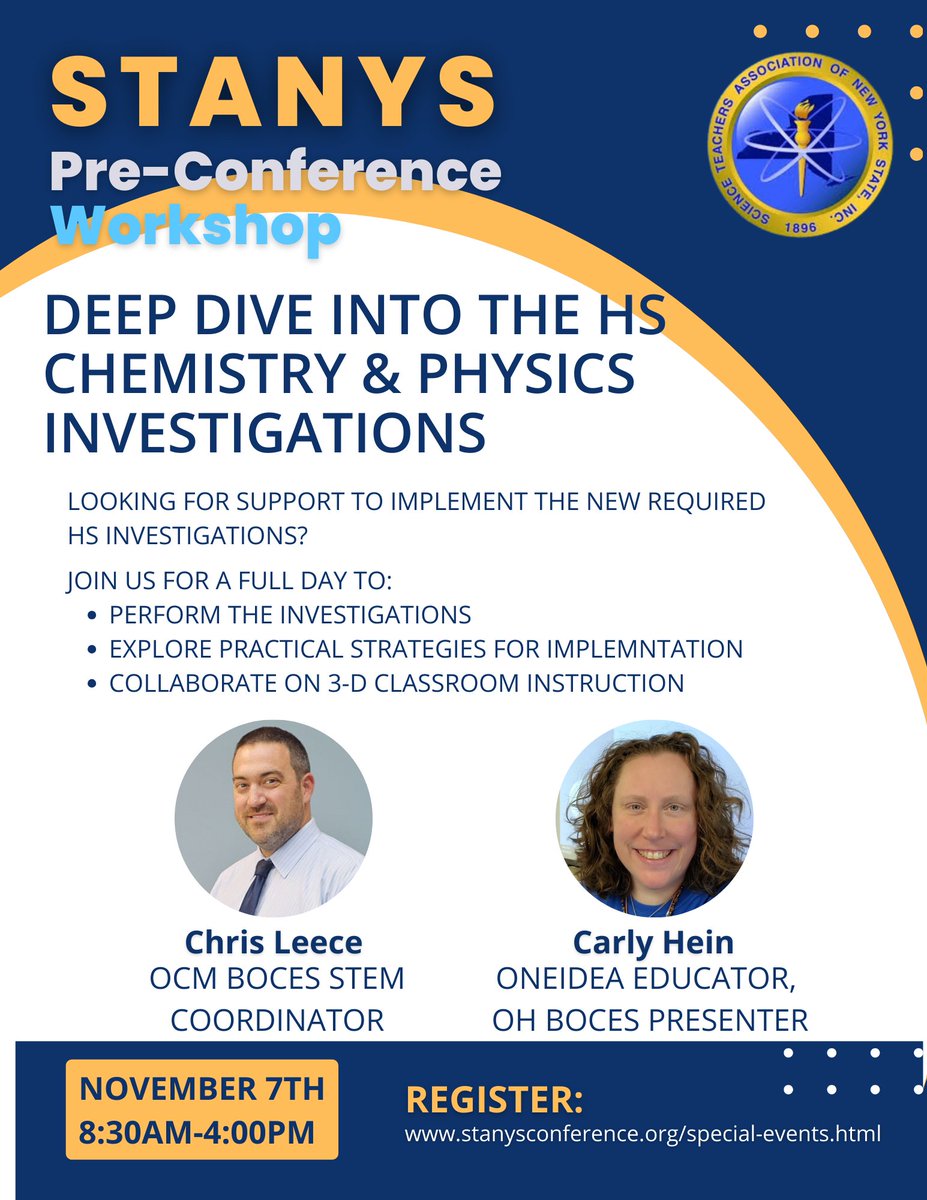 ⚗️🔬 HS Chem &amp; Physics teachers—ready to roll up your sleeves?

The new required Investigations are HERE.

👉 Join us Nov 7 for a pre-conference hands-on Deep Dive workshop: test, tweak &amp; tackle them together. 

Details: stanysconference.org/special-events… 

#STANYS25