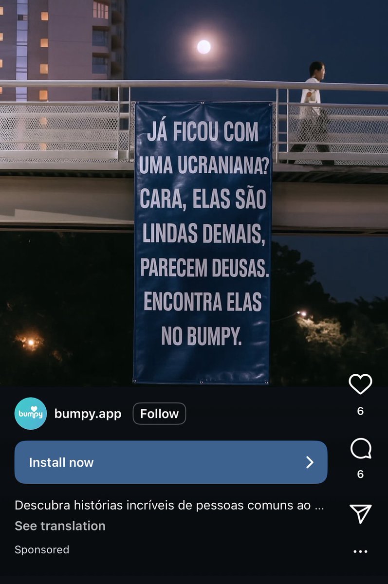 💕 🇺🇦 Aplicativo de namoro internacional “Bumpy” inova em anúncio à la Arthur do Val (Mamãe Falei) e convida usuários a conhecerem ucranianas “lindas demais” que “parecem deusas” no app.