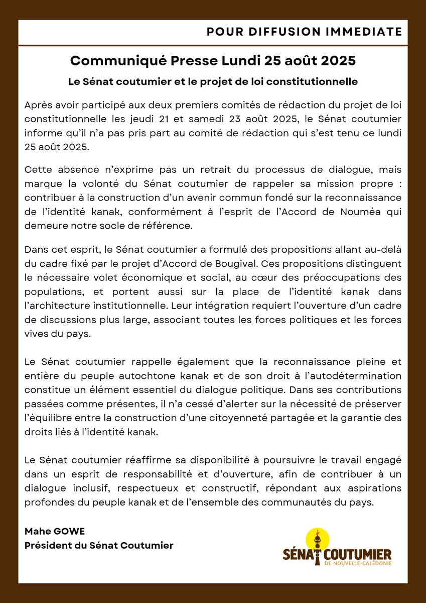 📢 Le Sénat coutumier n’a pas participé ce 25 août au comité de rédaction du projet de loi constitutionnelle.
❌ Ce n’est pas un retrait, mais l’affirmation de notre mission :
✅ Reconnaissance de l’identité kanak
✅ Citoyenneté partagée et équilibrée

#SénatCoutumier #Dialogue