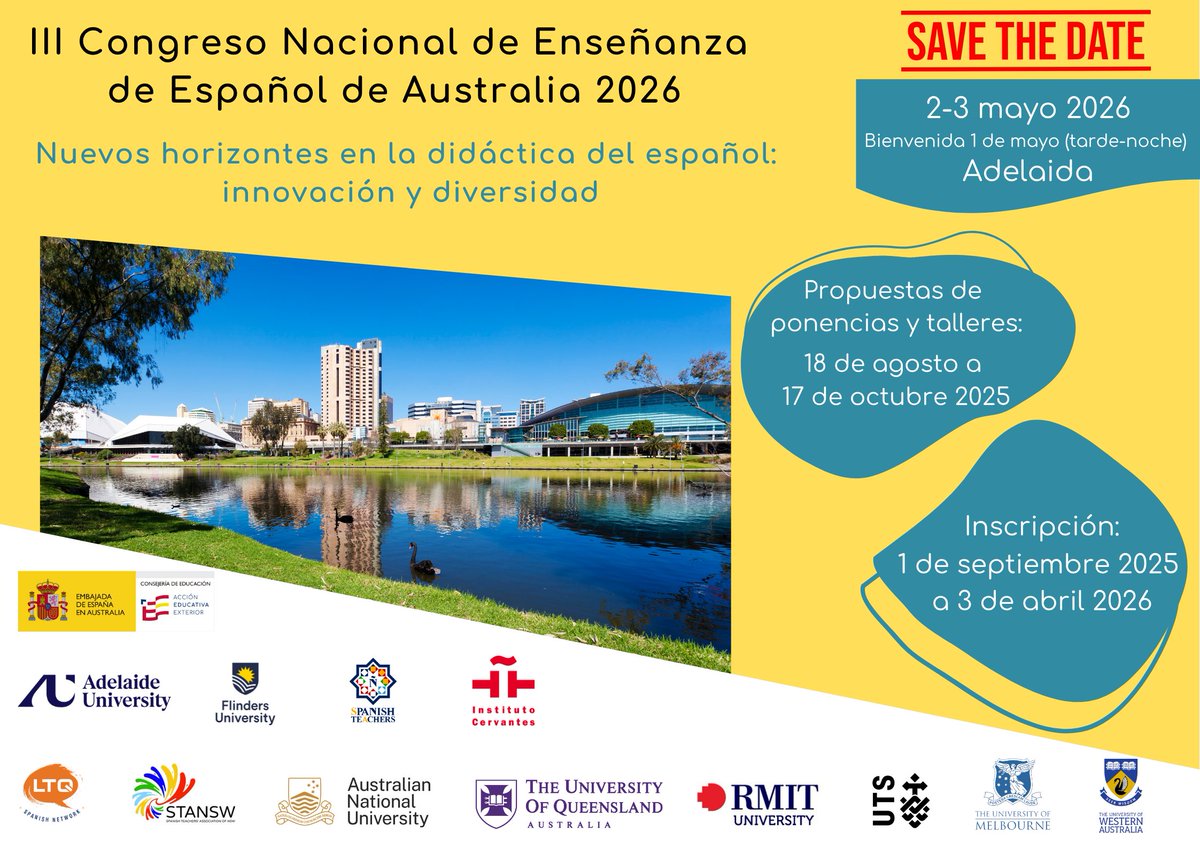 RosaMPrietoG's tweet photo. Ya tenemos lugar y fecha para la celebración del III Congreso Nacional de Enseñanza de Español de Australia.      ℹ️Más información próximamente.

@AccEducativaExt
@EmbEspAustralia
@IC_Sydney
@MLTAQld
@ANUmedia
@UQ_News
@RMIT
@UTSEngage
@UniMelb
@uwanews
@AusEmbEsp https://t.co/8KrL5SmlAe