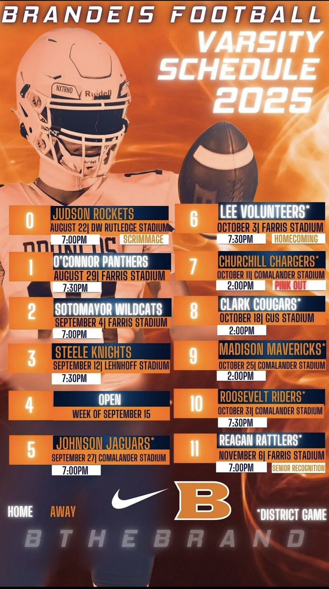 It’s Game Week Let’s Go Broncos!!! Make sure you get your tickets they will sell out fast Brandeis Vs O’Connor  <a href="/SaBrandeis/">Broncos Country 🐎</a> <a href="/Coach_KLewis/">Kemmie Lewis</a> #crushgame #brandeisvsoconnor #brandeisfootball #6A #classof2026 #2025season #schedule #sanantonio #highschoolfootball #nisd #statecontender