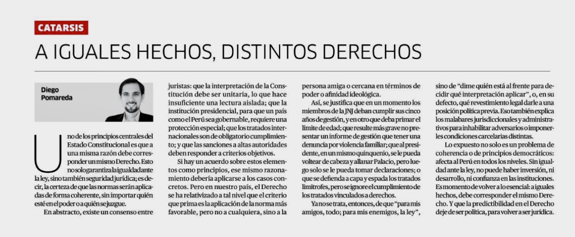 ⚪️ En el 🇵🇪, hemos perdido hasta el principio más básico del Estado Constitucional: a una misma razón NO ❌ existe más un mismo Derecho. Aplicación de tratados, remociones, uso del sistema penitenciario e investigaciones presidenciales sólo cuando favorece al poder de turno🚨.