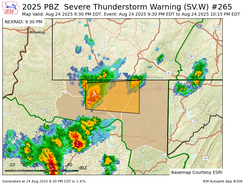 PBZ issues Severe Thunderstorm Warning [wind: 60 MPH (RADAR INDICATED), hail: 0.00 IN (RADAR INDICATED)] for Marion, Monongalia, Preston [WV] till 10:15 PM EDT mesonet.agron.iastate.edu/vtec/f/2025-O-…