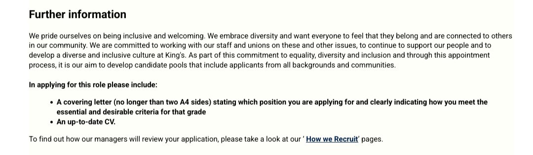 Abhishek Saha (@obhisheksaha) on Twitter photo Good news, KCL has now removed the (unlawful) requirement to submit a EDI statement from the job advert for lecturer in music history that I tweeted about a week ago.
Compare the old and current versions of the required application documents below.
<a href="/AFFSUK/">Alumni for Free Speech</a> <a href="/ComAcFreedom/">Committee for Academic Freedom</a> Good news, KCL has now removed the (unlawful) requirement to submit a EDI statement from the job advert for lecturer in music history that I tweeted about a week ago.
Compare the old and current versions of the required application documents below.
<a href="/AFFSUK/">Alumni for Free Speech</a> <a href="/ComAcFreedom/">Committee for Academic Freedom</a>