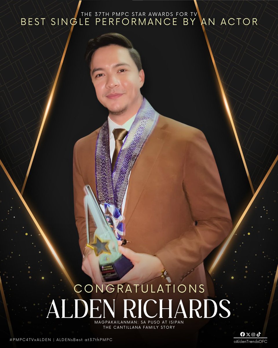 ALDEN Trendsetter OFFICIAL (@aldentrendsofc) on Twitter photo Ladies and gentlemen...
37th PMPC Star Awards for TV BEST SINGLE PERFORMANCE BY AN ACTOR --
👑 MR. ALDEN RICHARDS as Andrew Cantillana in
MPK: Sa Puso At Isipan (The Cantillana Family Story)
👏🏻👏🏻👏🏻👏🏻👏🏻👏🏻👏🏻👏🏻
<a href="/aldenrichards02/">Alden Richards</a> <a href="/MPKGMA/">Magpakailanman</a> <a href="/gmanetwork/">GMA Network</a>
#PMPC4TVxALDEN
#ALDENRichards Ladies and gentlemen...
37th PMPC Star Awards for TV BEST SINGLE PERFORMANCE BY AN ACTOR --
👑 MR. ALDEN RICHARDS as Andrew Cantillana in
MPK: Sa Puso At Isipan (The Cantillana Family Story)
👏🏻👏🏻👏🏻👏🏻👏🏻👏🏻👏🏻👏🏻
<a href="/aldenrichards02/">Alden Richards</a> <a href="/MPKGMA/">Magpakailanman</a> <a href="/gmanetwork/">GMA Network</a>
#PMPC4TVxALDEN
#ALDENRichards
