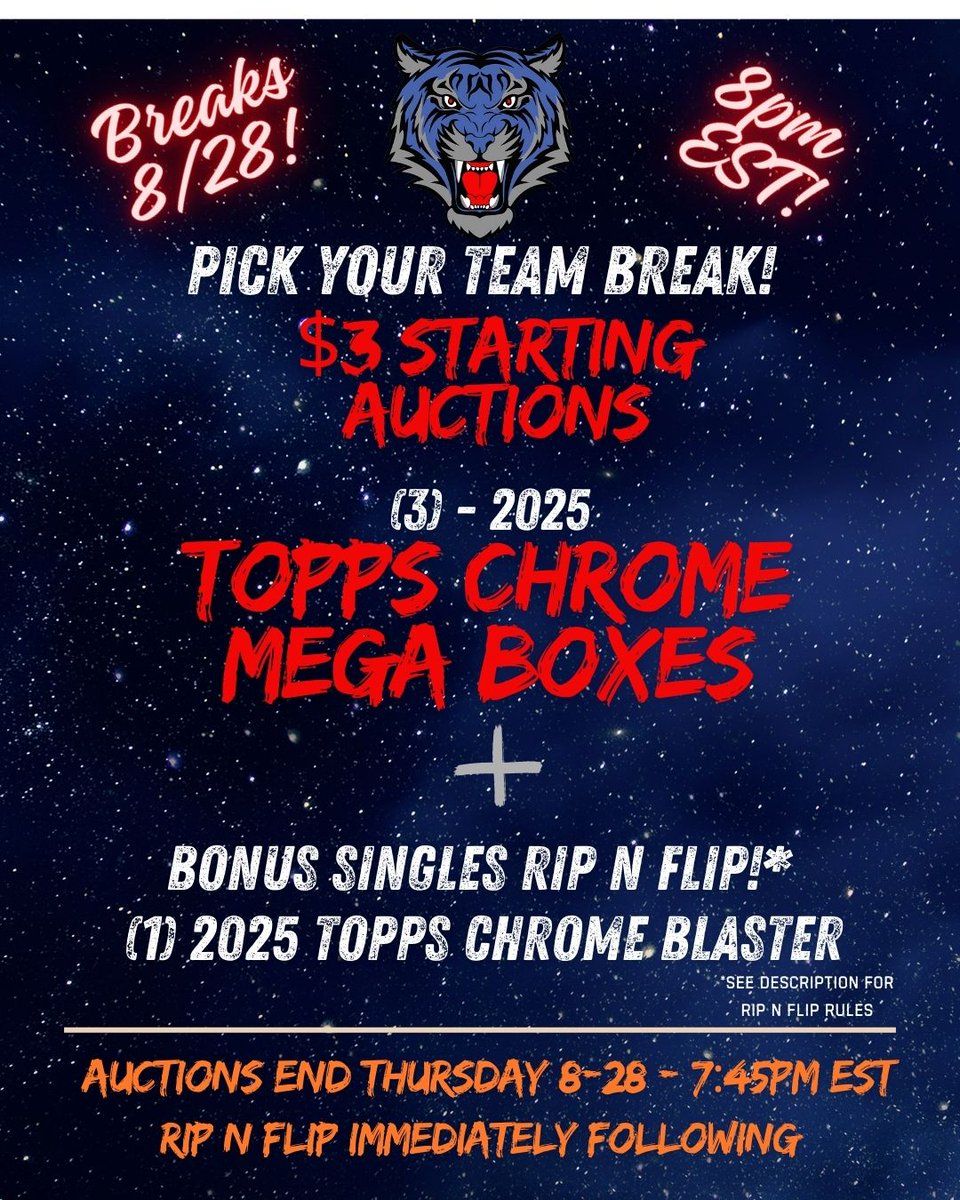 Break Night is Thursday Night!  3x 2025 Topps Chrome Mega Boxes - Team Auctions are LIVE - starting at only $3/team!  
Bid Now - See you THURSDAY at 7pm CT! on Dibditcards.com on <a href="/sports_district/">Sports Card District</a> 
Bid HERE:  district.net/dibditcards/li…
<a href="/NBSCpodcast/">No Bangers Sports Card Podcast</a> 
PLUS our 1st RIP N FLIP!
