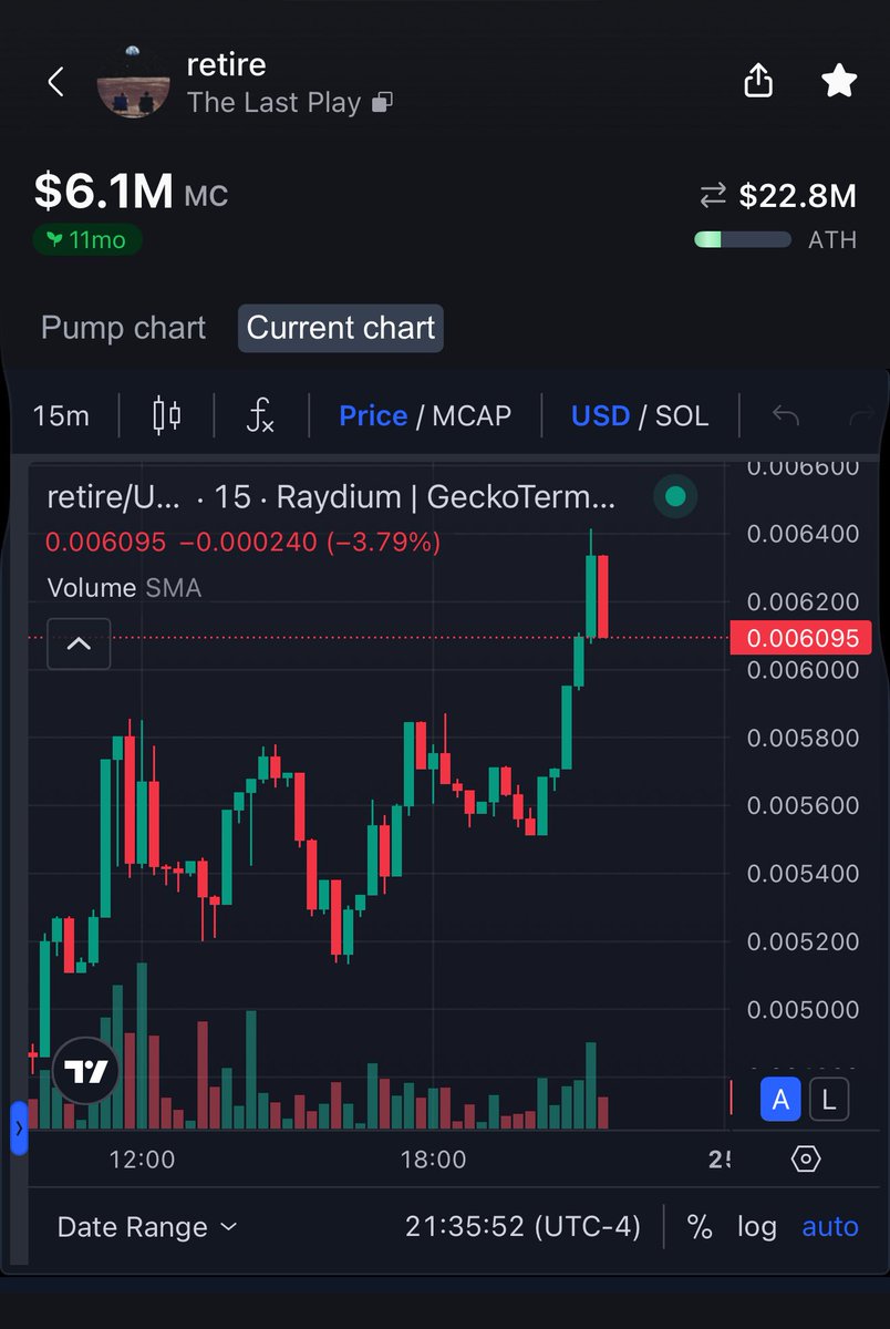 GeckoTerminal에 표시된 시가총액과 가격 변동을 보여주는 $RETIRE 차트 스크린샷
