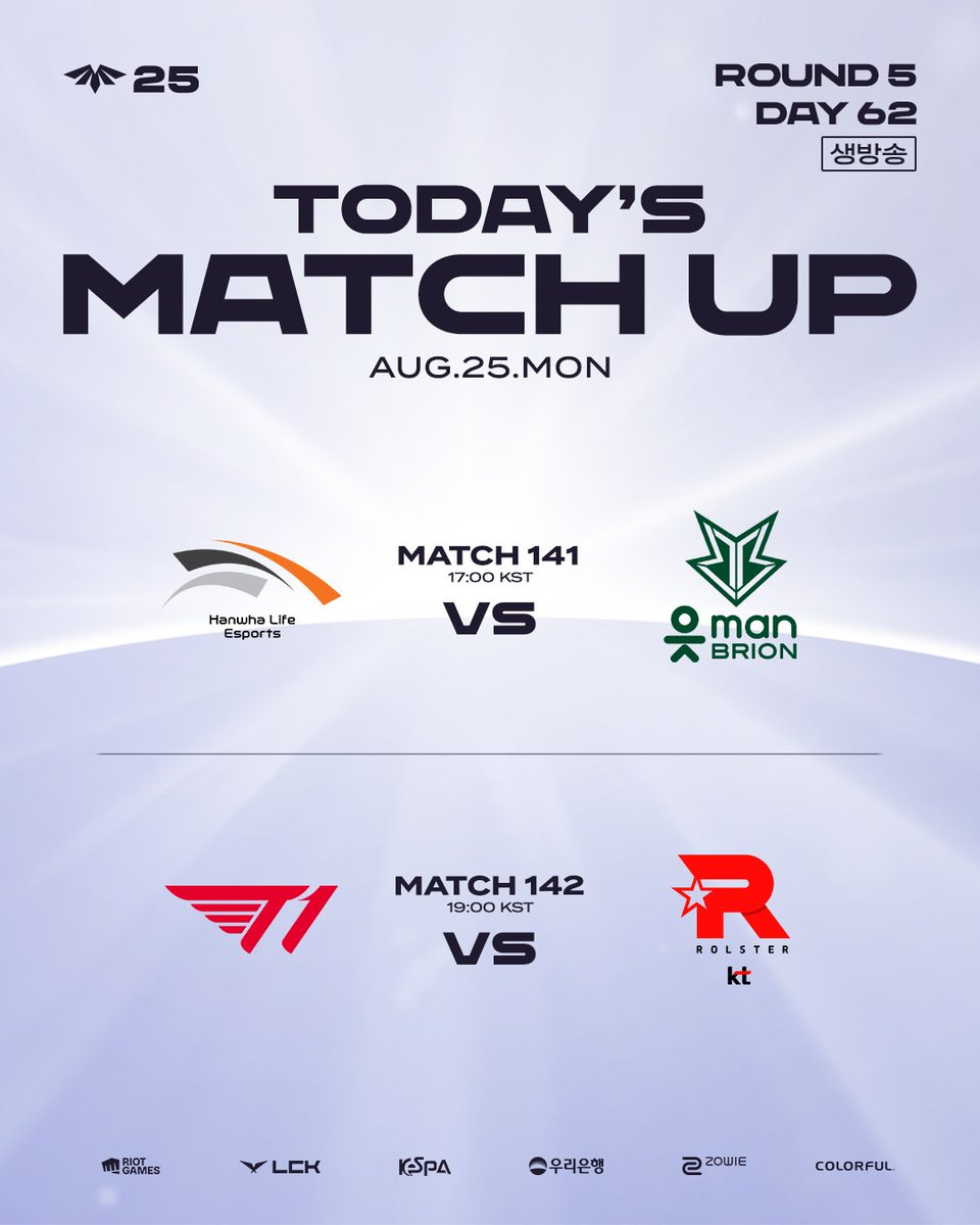 2025 LCK CL] 8/25(월) 매치업 5라운드 마지막 주 시작🔥 오늘의 매치업을 확인해 보세요! Match 141. 17:00  [KST] HLE vs BRO Match 142. 19:00 [KST] T1 vs KT